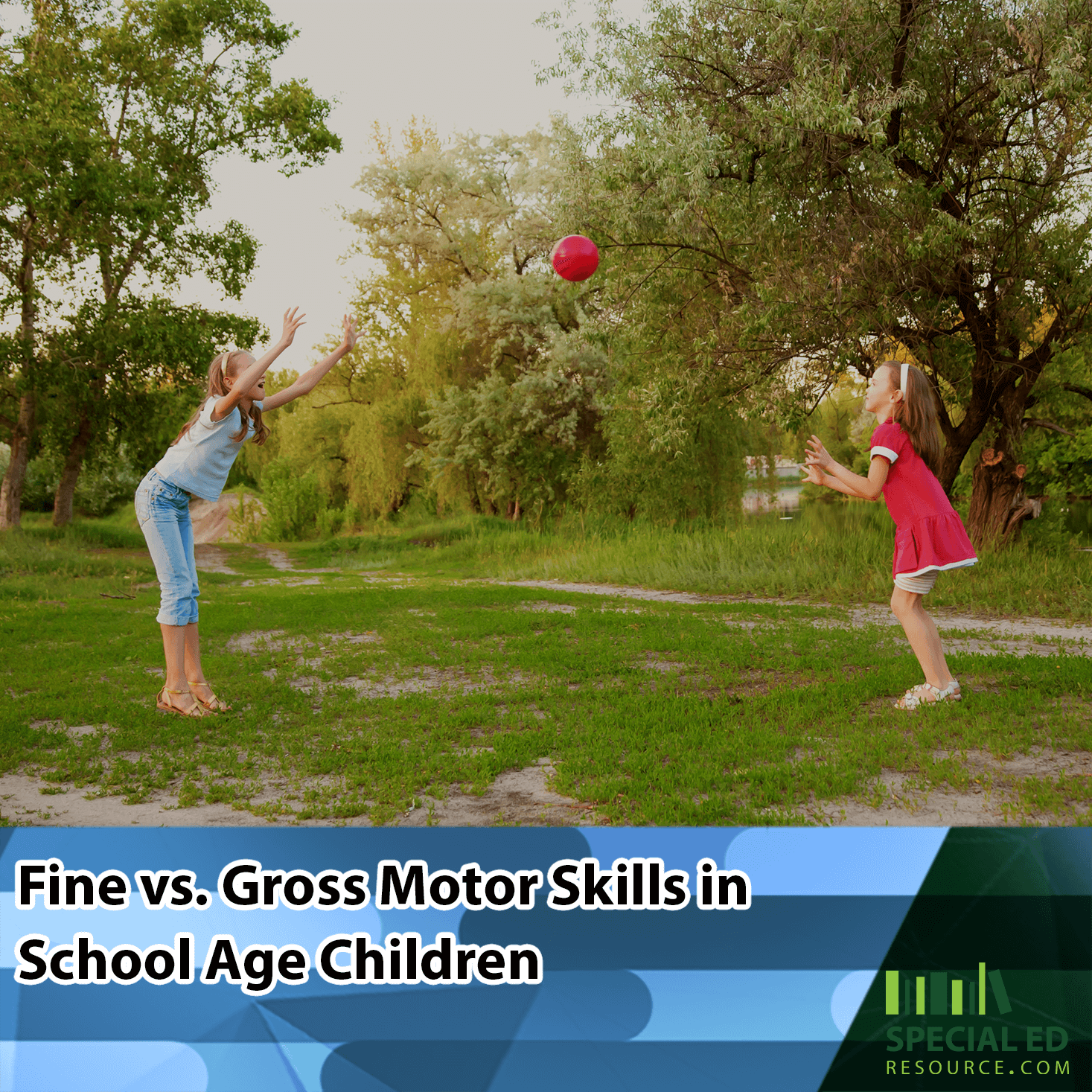 Two young girls playing with a red ball in a grassy outdoor setting, with trees in the background. One girl is mid-throw, while the other prepares to catch the ball. The text overlaid on the image reads, "Fine vs. Gross Motor Skills in School Age Children." A logo in the bottom right corner indicates the source, "Special Ed Resource.”