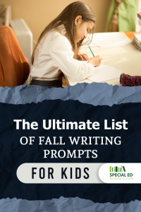 A young girl with long brown hair sits at a desk, writing in a notebook with a green pencil. The bottom half of the image features a crumpled paper texture with bold white text that reads, "The Ultimate List of Fall Writing Prompts For Kids." The Special Ed Resource logo in the lower right corner. This image highlights educational content for children, focusing on writing activities.