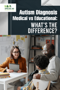 An educator in an orange blazer smiles while holding a tablet during a discussion with a man and a young child in a classroom. Bold text overlay reads, 'Autism Diagnosis Medical vs Educational: What's the Difference?' with a logo for Special Ed Resource in the top left corner.