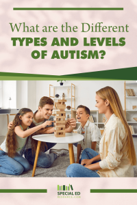 A family sits together around a table playing Jenga, focused on carefully pulling blocks from the tower. The large text above the image reads, "What are the Different Types and Levels of Autism?" with a green border at the top and bottom. The logo for Special Ed Resource appears beneath the image.