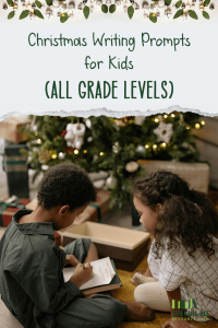 A festive image featuring two children sitting near a decorated Christmas tree. One child is writing in a notebook while the other watches attentively. Above them, a header reads, "Christmas Writing Prompts for Kids (All Grade Levels)" with decorative garland at the top. The SpecialEdResource logo is visible in the corner.