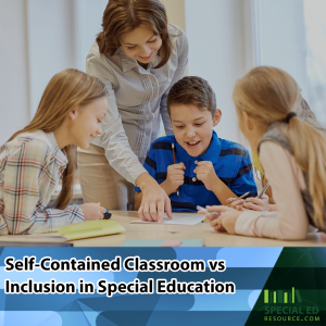 A teacher leans over a table to assist a group of four young students who are engaged in a collaborative activity, smiling and working together in a general education classroom. The text overlay reads, "Self-Contained Classroom vs Inclusion in Special Education," with the logo "Special Ed Resource" at the bottom right corner.