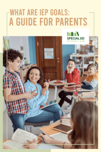 A school classroom where a teacher and a diverse group of students are engaged in a lively discussion. A boy stands at the front speaking, while the teacher smiles encouragingly and the other students listen attentively with books and school supplies on their desks. The text overlay reads, "What Are IEP Goals: A Guide for Parents," with the logo for Special Ed Resource on the right.