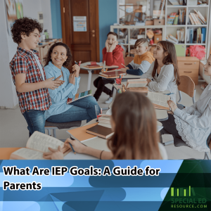 A school classroom with a diverse group of students and a smiling teacher engaged in a learning discussion. A boy stands at the front speaking, while others sit at desks with open books, actively listening. The text overlay at the bottom reads, "What Are IEP Goals: A Guide for Parents," with the logo for Special Ed Resource is in the bottom right corner.