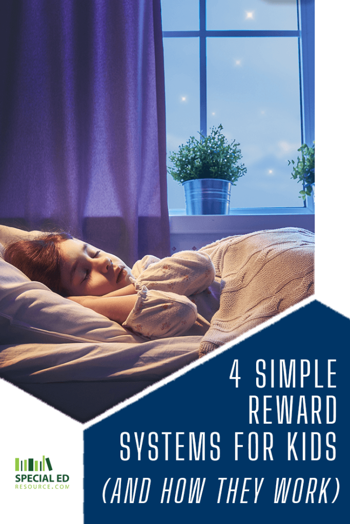 A young girl sleeps peacefully in bed under a cozy knit blanket, with soft moonlight shining through the window. The room has a calm, blue-toned ambiance with potted plants on the windowsill. Overlay text reads: '4 Simple Reward Systems for Kids (And How They Work),' with the Special Ed Resource logo in the bottom left corner