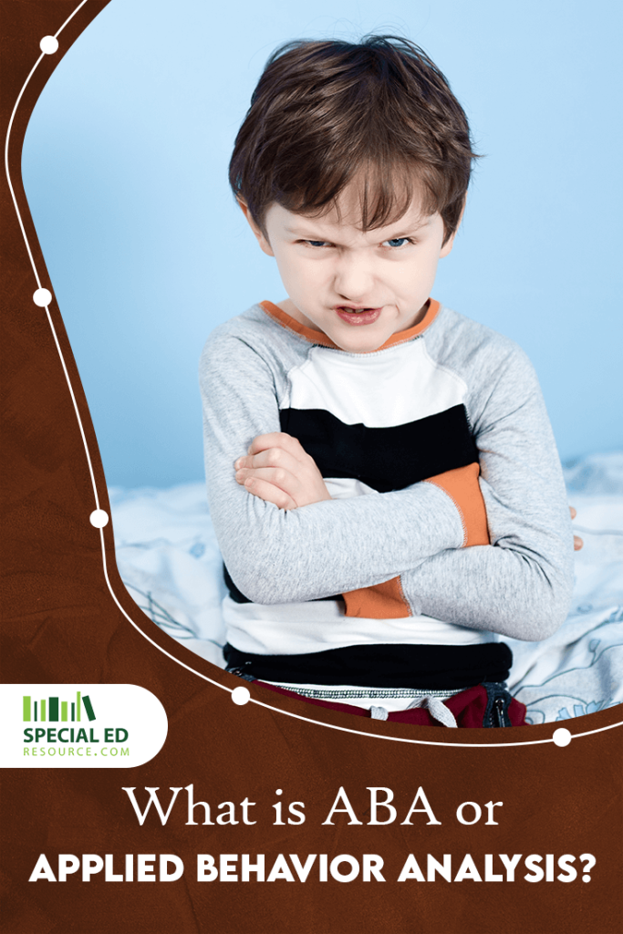 A young boy with brown hair sits on a bed with a blue floral-patterned blanket, crossing his arms and making an angry face. He wears a long-sleeved shirt with gray, black, and orange accents. The image has a brown curved border with white dots, a 'Special Ed Resource' logo in the bottom left corner, and text that reads, 'What is ABA or Applied Behavior Analysis?