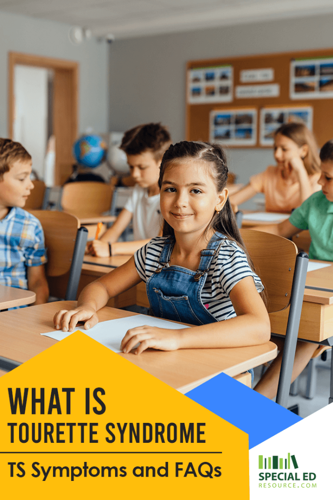 A young girl with dark hair in braids, wearing a striped shirt and denim overalls, sits at a desk in a classroom, smiling at the camera. Other children are engaged in activities in the background. The image includes a bold yellow and blue text overlay that reads, ""What is Tourette Syndrome – TS Symptoms and FAQs," with the Special Ed Resource logo at the bottom.