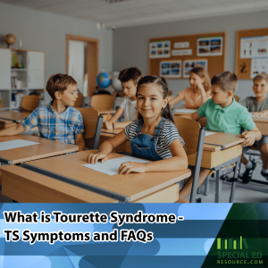 A smiling young girl with dark braided hair, wearing a striped shirt and denim overalls, sits at a desk in a classroom. Other children are seated behind her, engaged in schoolwork. The image has a blue banner overlay with the text, "What is Tourette Syndrome – TS Symptoms and FAQs," along with the Special Ed Resource logo in the bottom right corner.