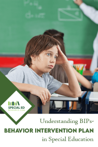 A young boy with brown hair, wearing a gray t-shirt, sits at a classroom desk with his head resting on his hand, looking annoyed or overwhelmed. In the background, a teacher gestures toward a chalkboard with math equations, while other students face forward. The image includes a green and white banner with the 'Special Ed Resource' logo and text that reads: 'Understanding BIPs - Behavior Intervention Plan in Special Education,' with 'Behavior Intervention Plan' emphasized in bold.