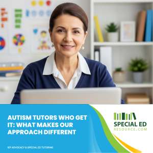 Autism tutor working calmly with student using visual tools