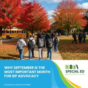 Parent reviewing IEP progress with teacher in September classroom