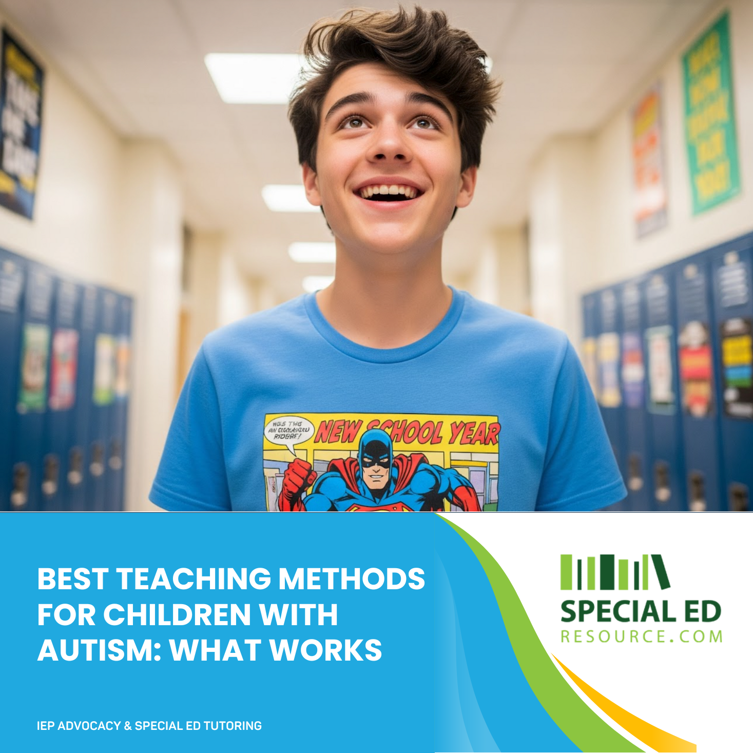 Teacher guiding autistic student through a hands-on learning activity in a calm, structured classroom