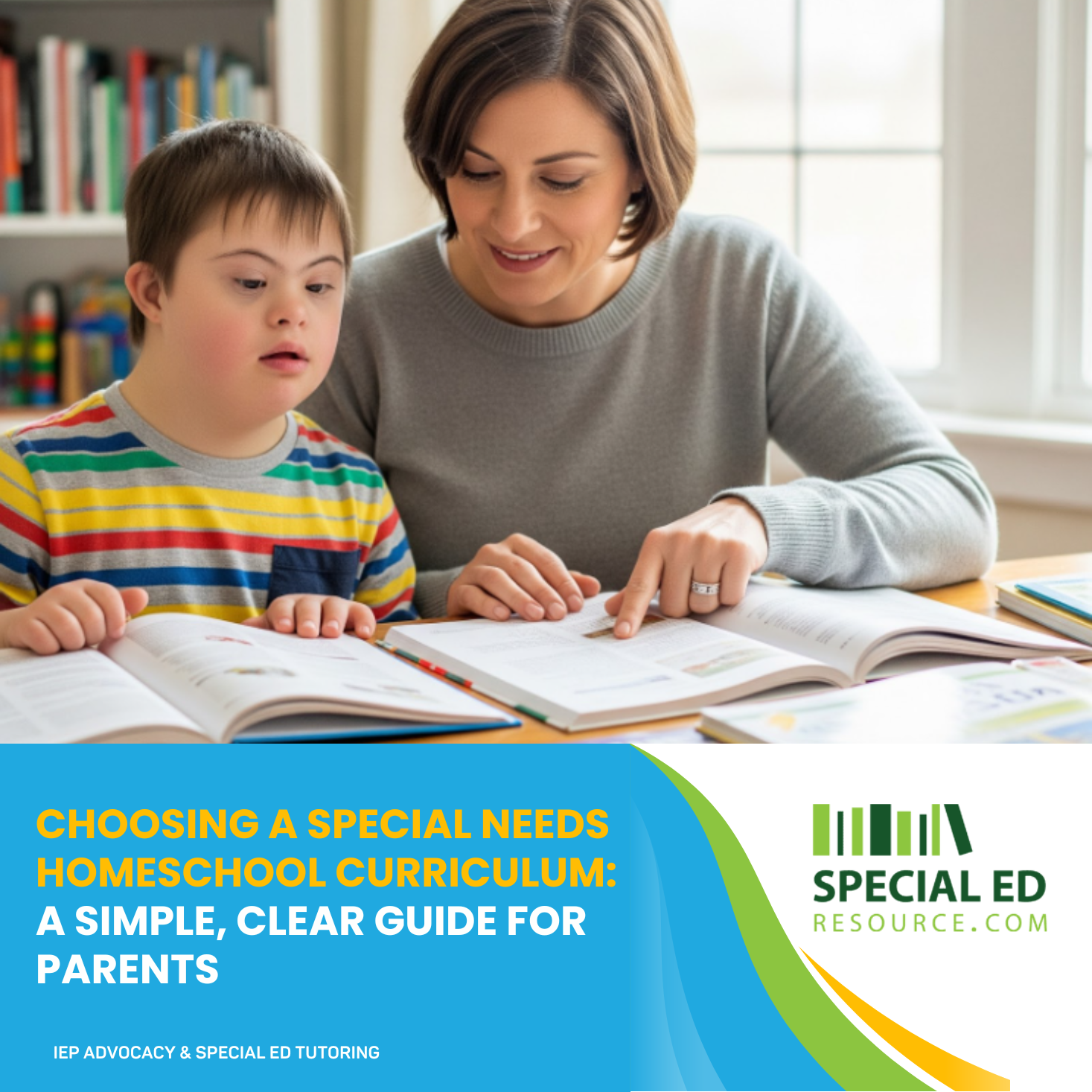 Parent reviewing homeschool curriculum options with special needs learner