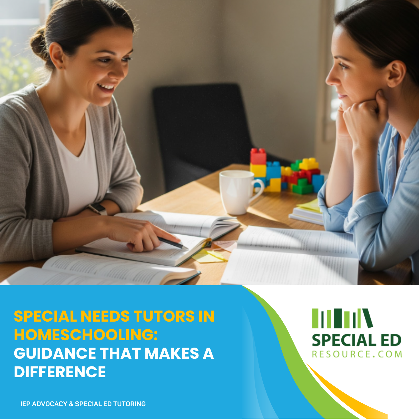 Special needs tutor and homeschool parent collaborating on learning plan