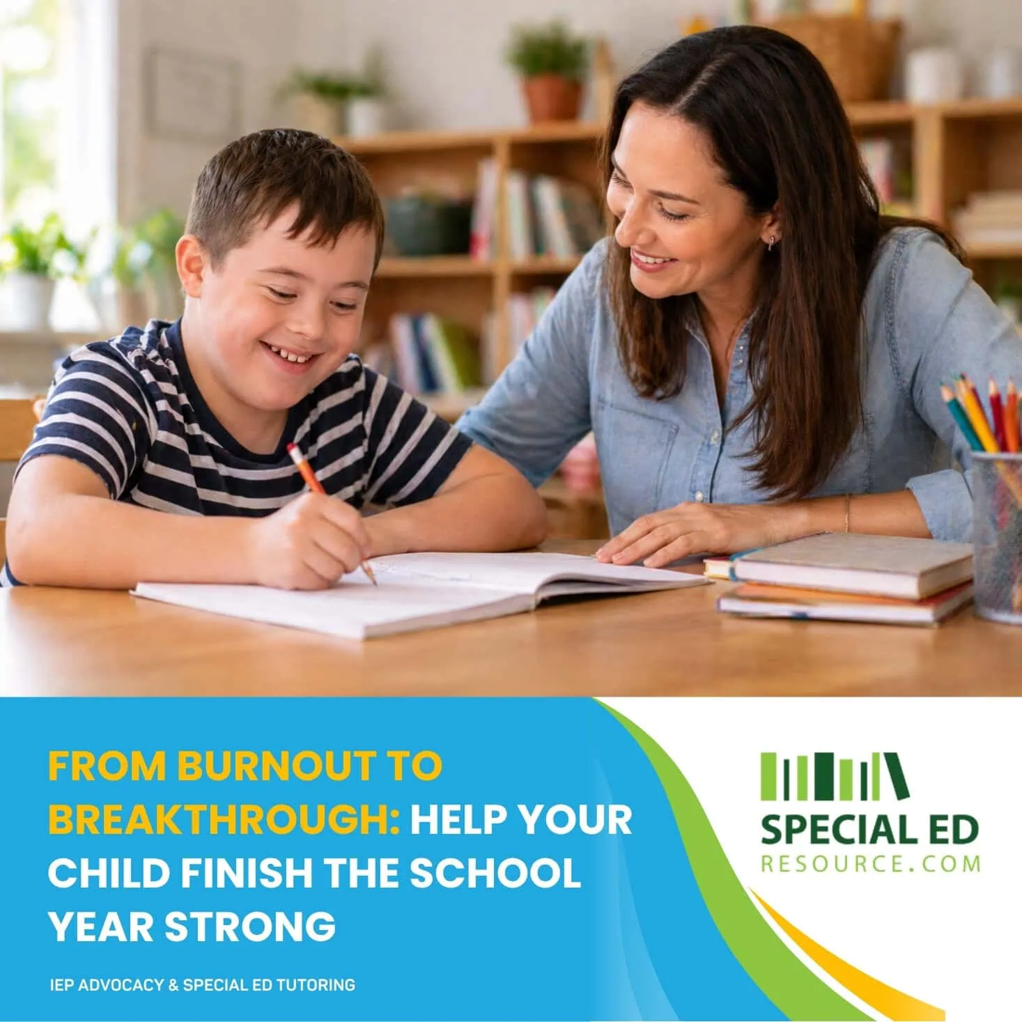 Child with special needs smiling while working on schoolwork at a desk with a supportive tutor nearby