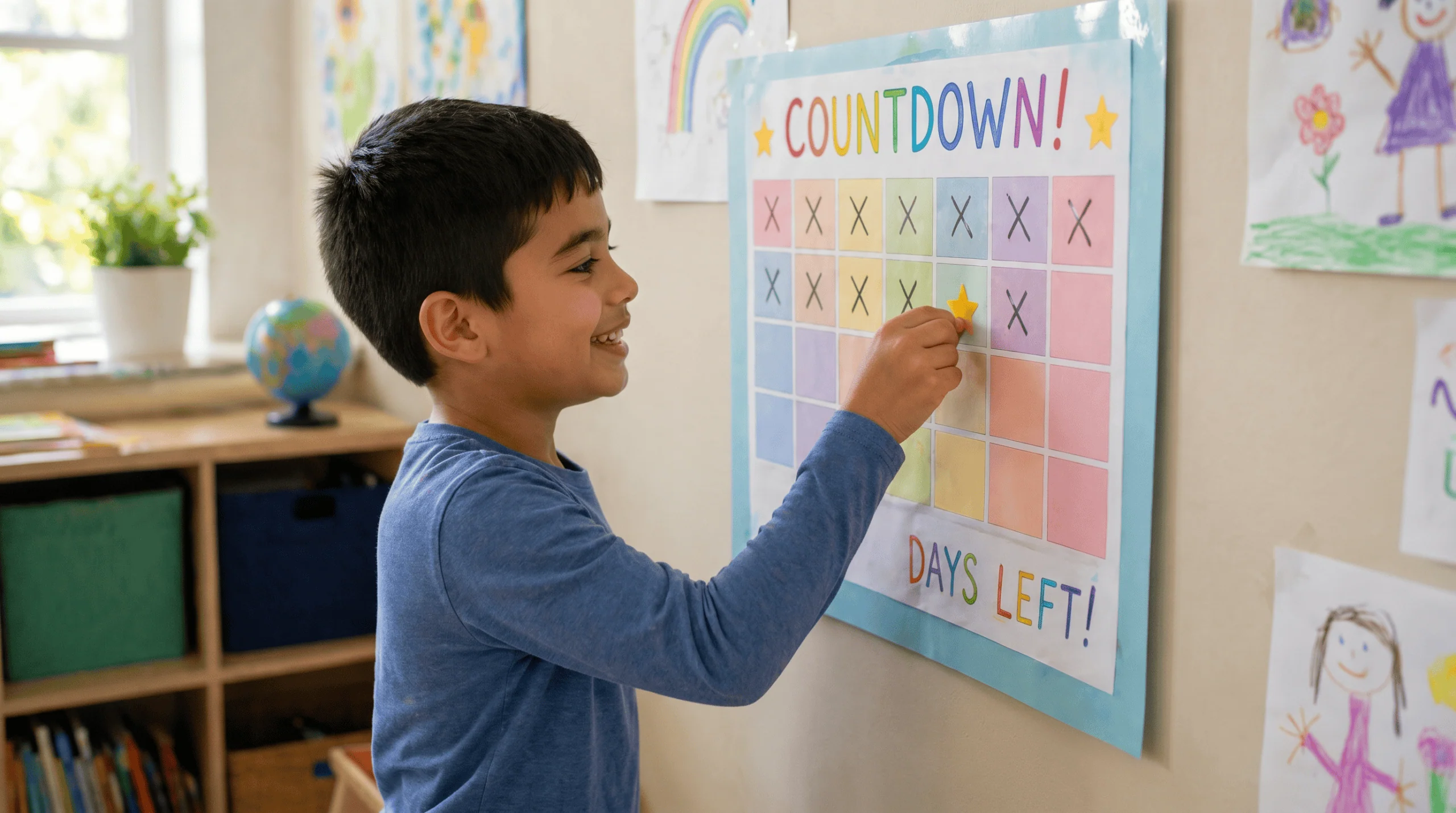 Child with special needs smiling while working on schoolwork at a desk with a supportive tutor nearby