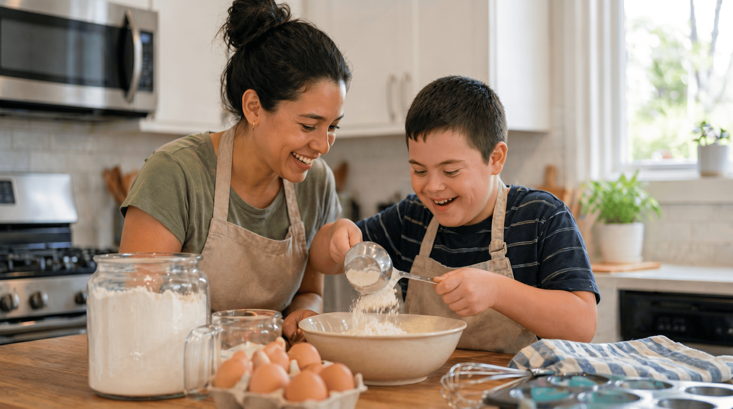 Child with special needs smiling while working on schoolwork at a desk with a supportive tutor nearby