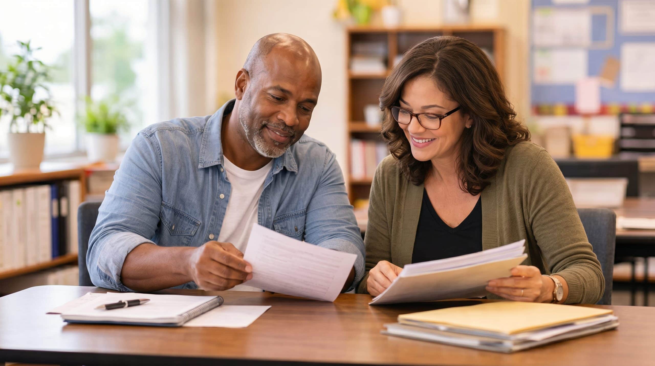 Parent and educator reviewing IEP documents together at a school meeting
