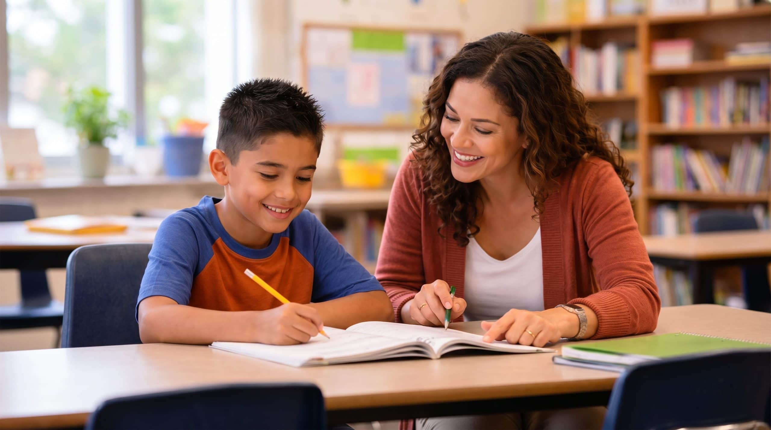 Parent and educator reviewing IEP documents together at a school meeting