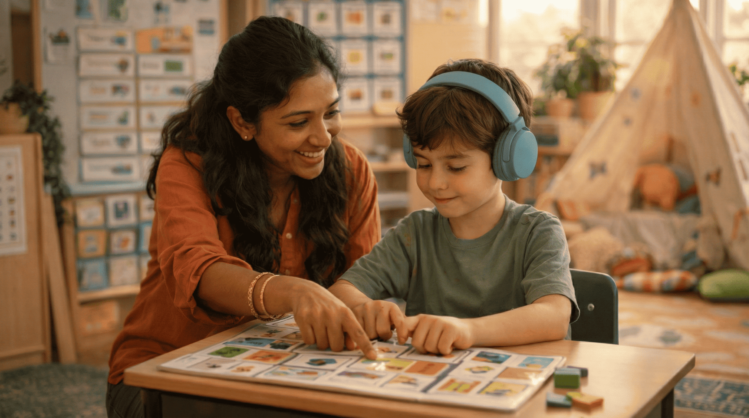 Teacher and autistic student working together in an inclusive classroom 