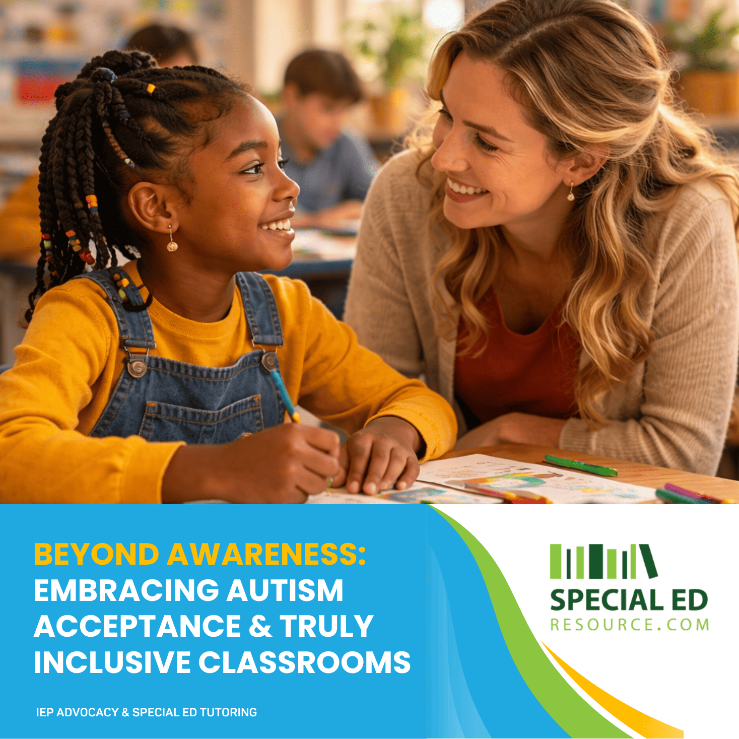 Teacher and autistic student working together in an inclusive classroom