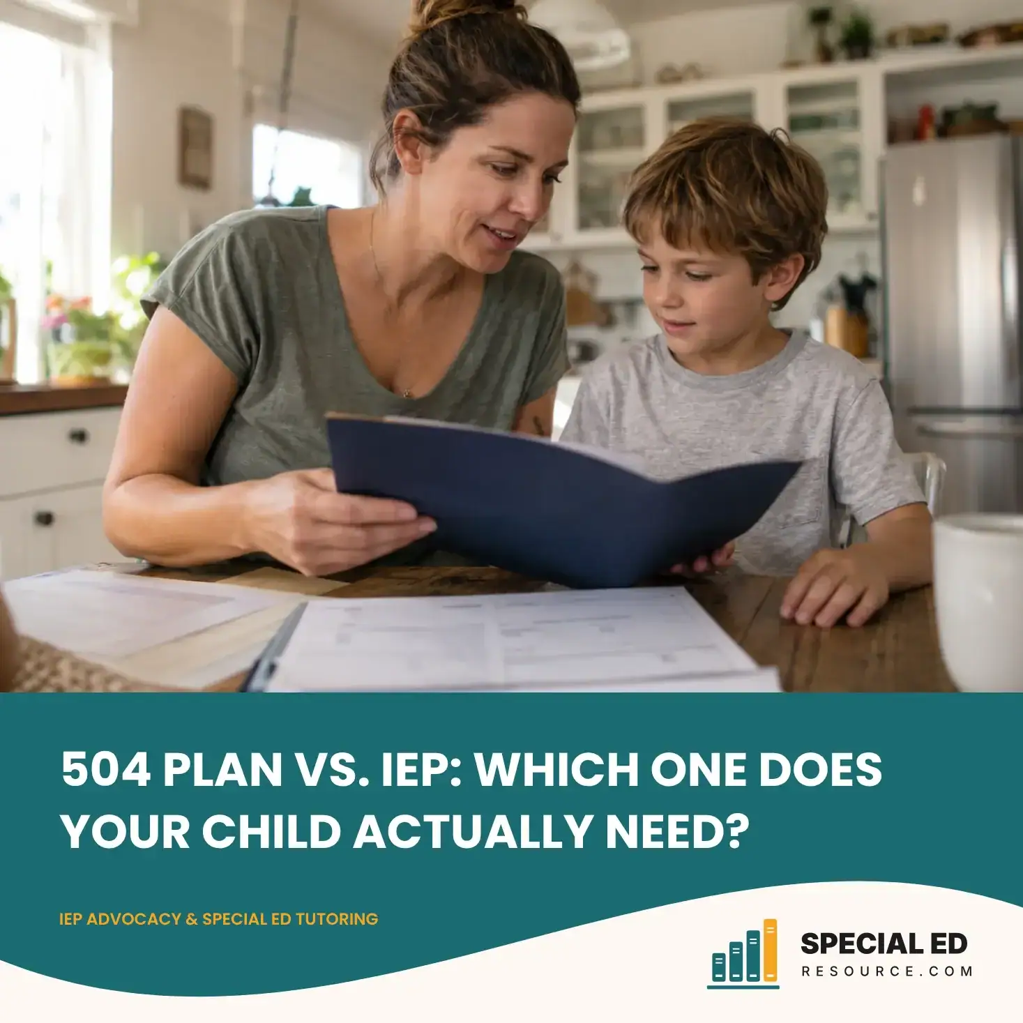 Parent and child reviewing a 504 plan and IEP paperwork together at home