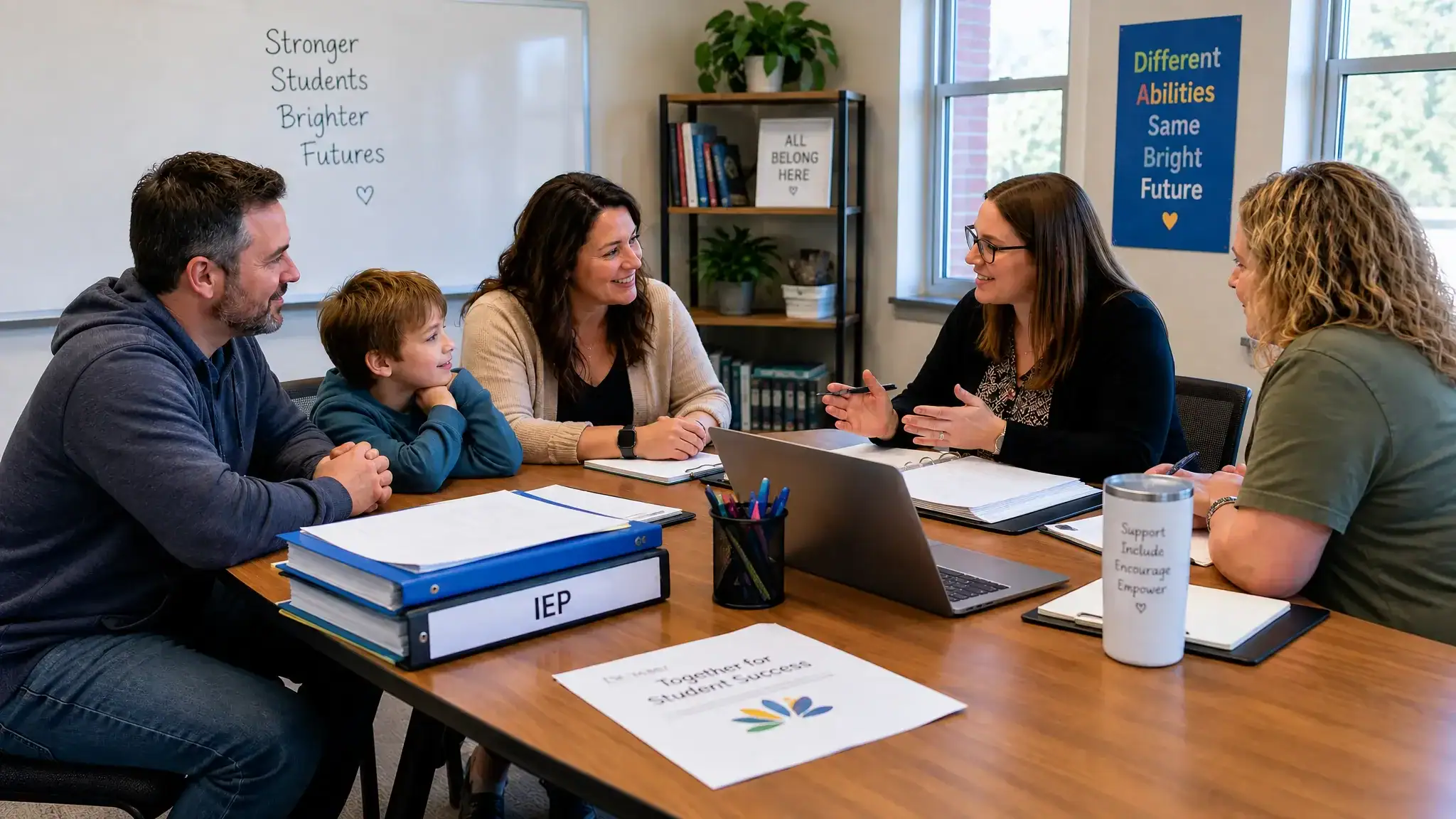 Parent and child reviewing a 504 plan and IEP paperwork together at home