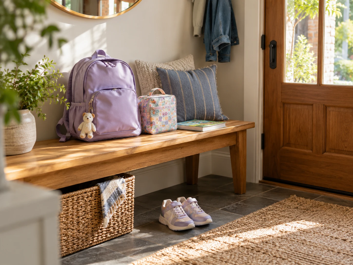 A backpack, lunch bag, book and shoes arranged near the door