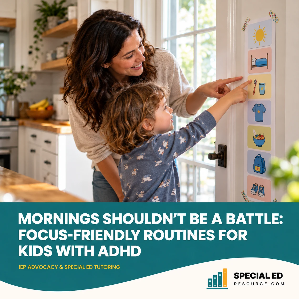 An adult and child reviewing a picture routine chart, with the article headline