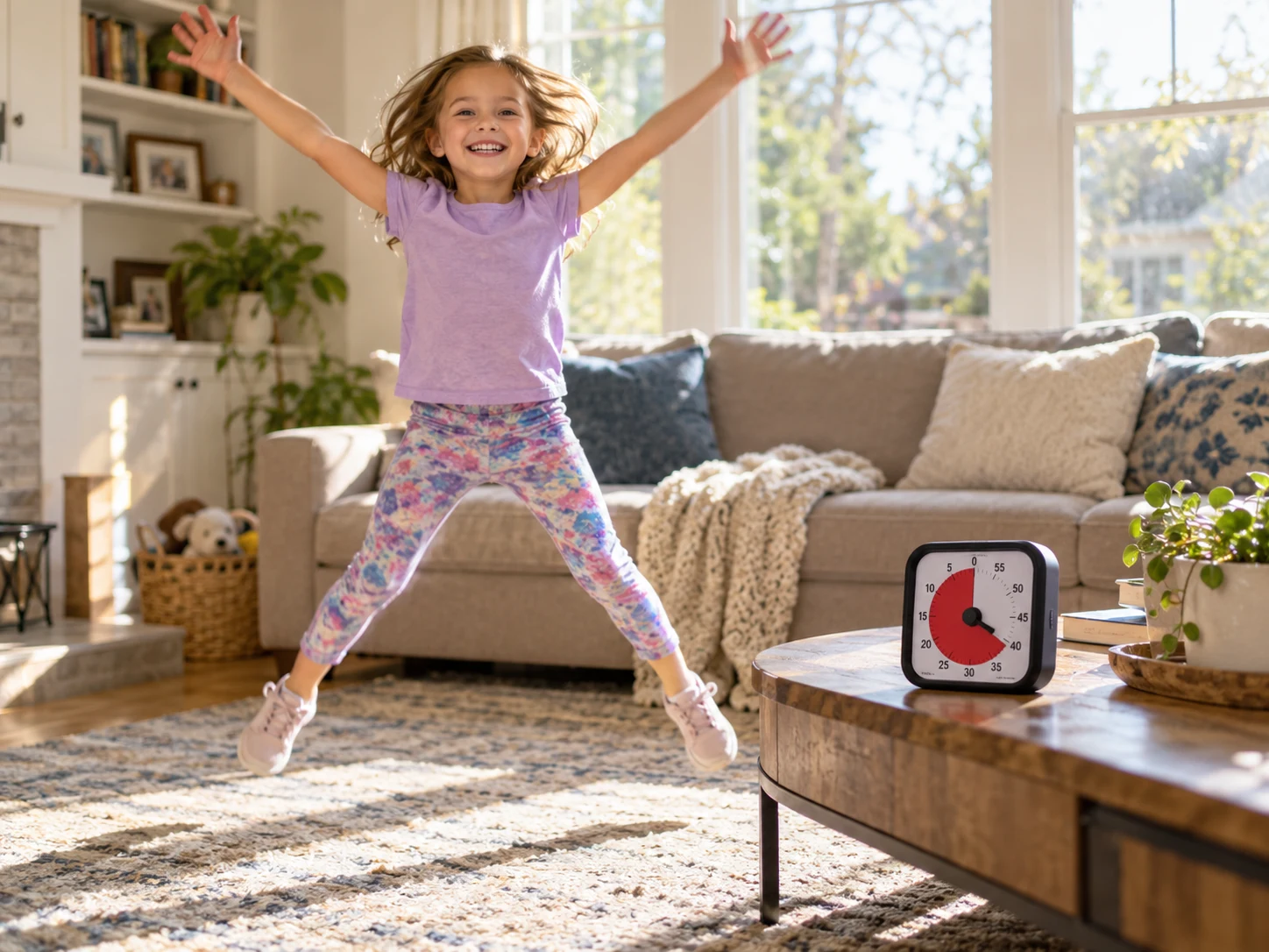 A child jumping in a living room with a visual timer nearby