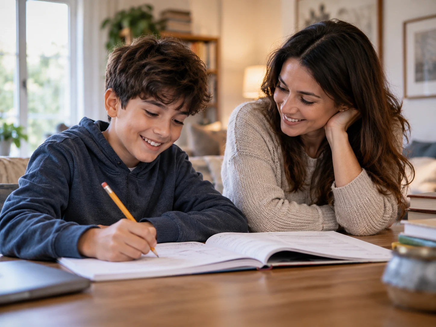 An adult supporting a child with schoolwork at a table