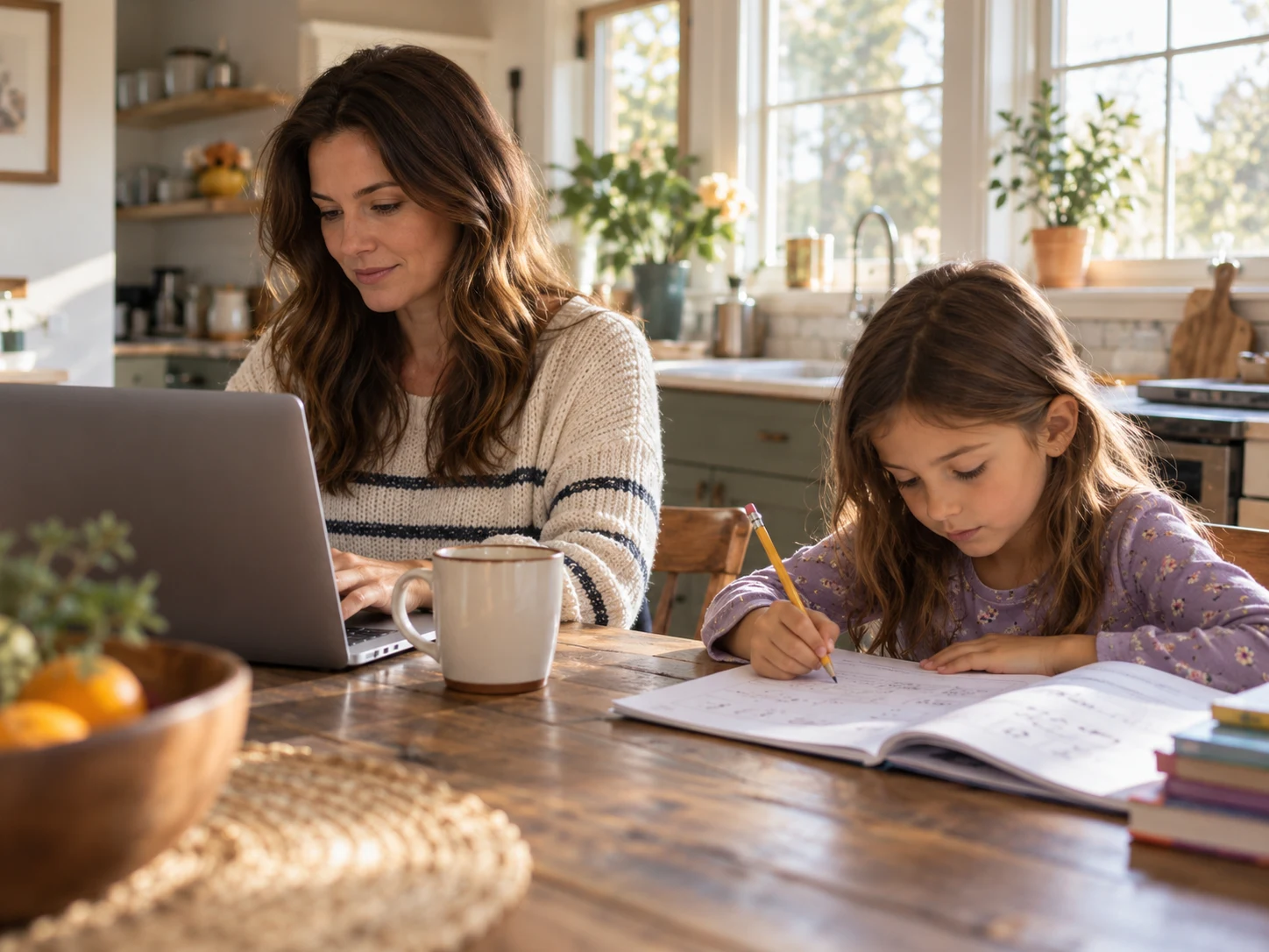 An adult working beside a child who is completing schoolwork