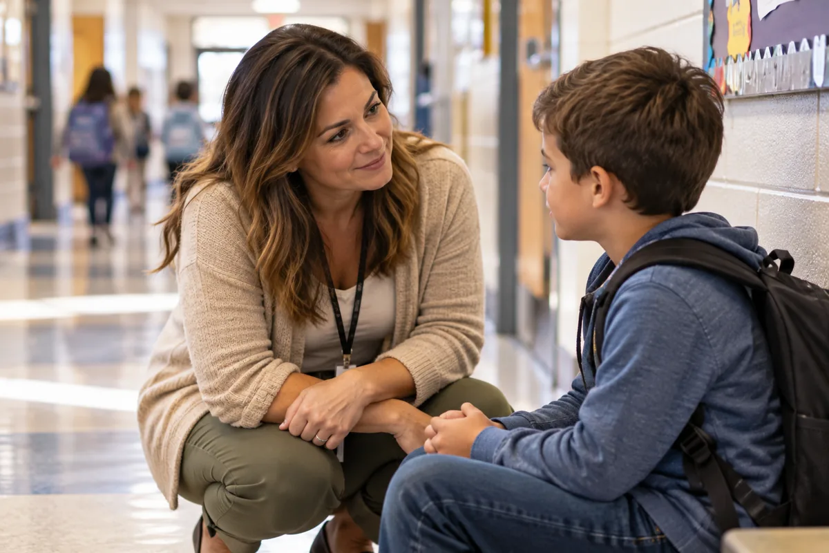Adult crouching beside a seated child with a backpack in a school hallway.