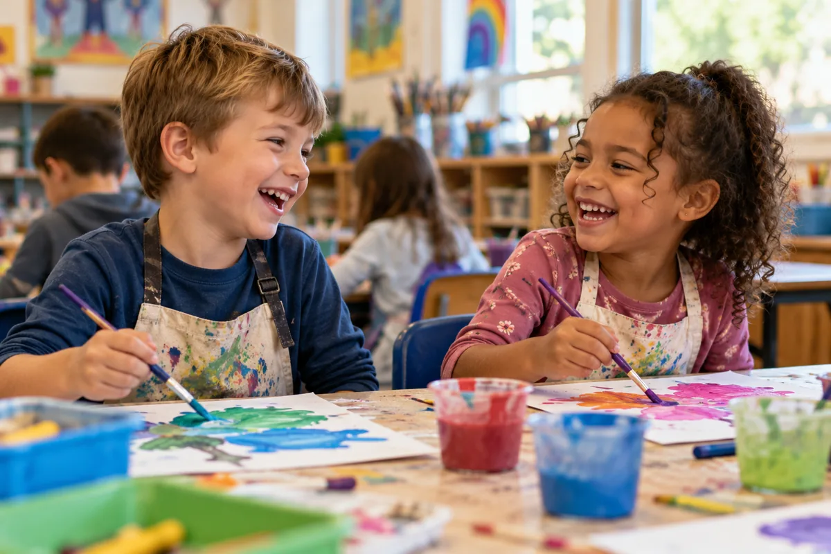 Two children smiling while painting together in an art class.