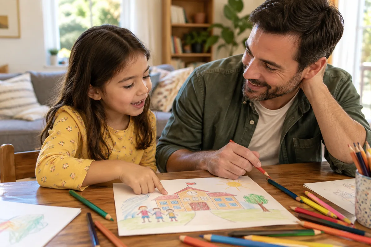 Adult and child talking while drawing together at a table.