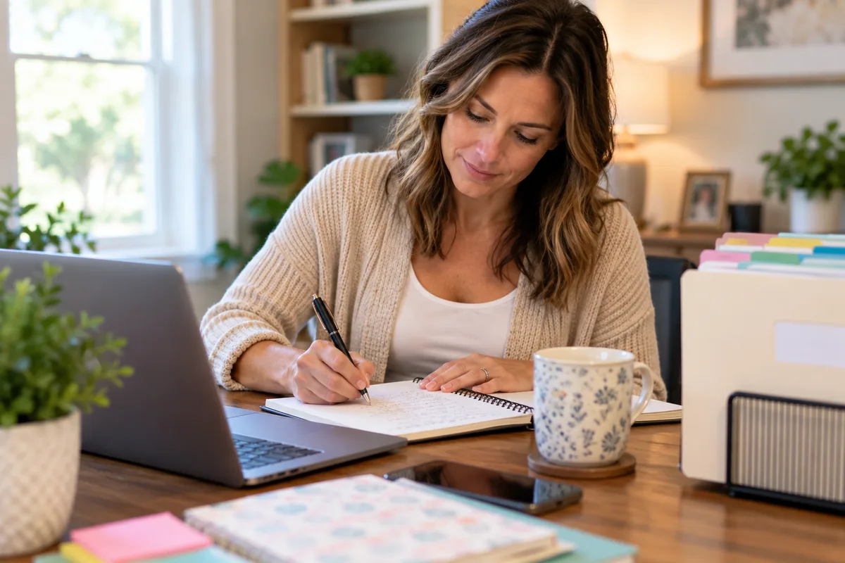 Adult writing in a notebook beside an open laptop.