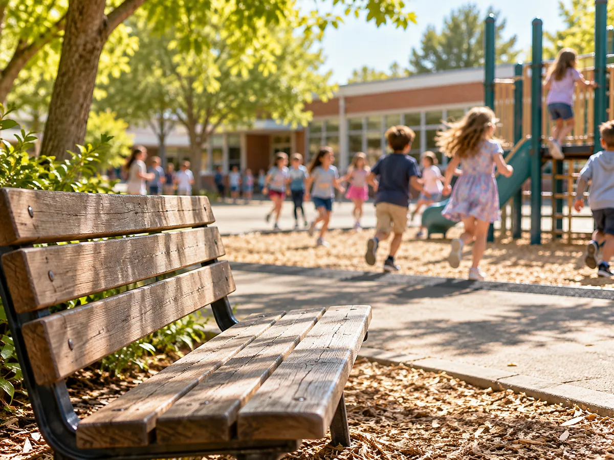 Children playing in a schoolyard near an empty bench.