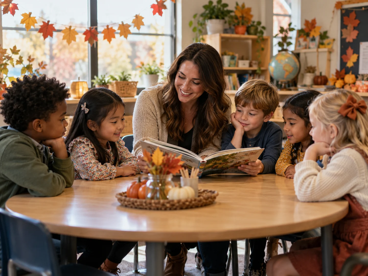 An educator reading a picture book with children in an autumn classroom