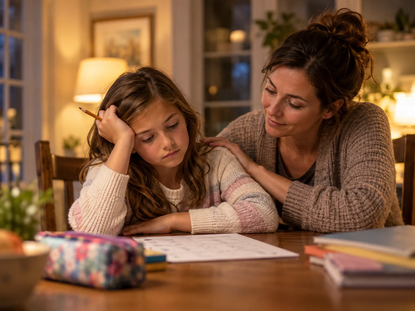 An adult supporting a child during homework at a table