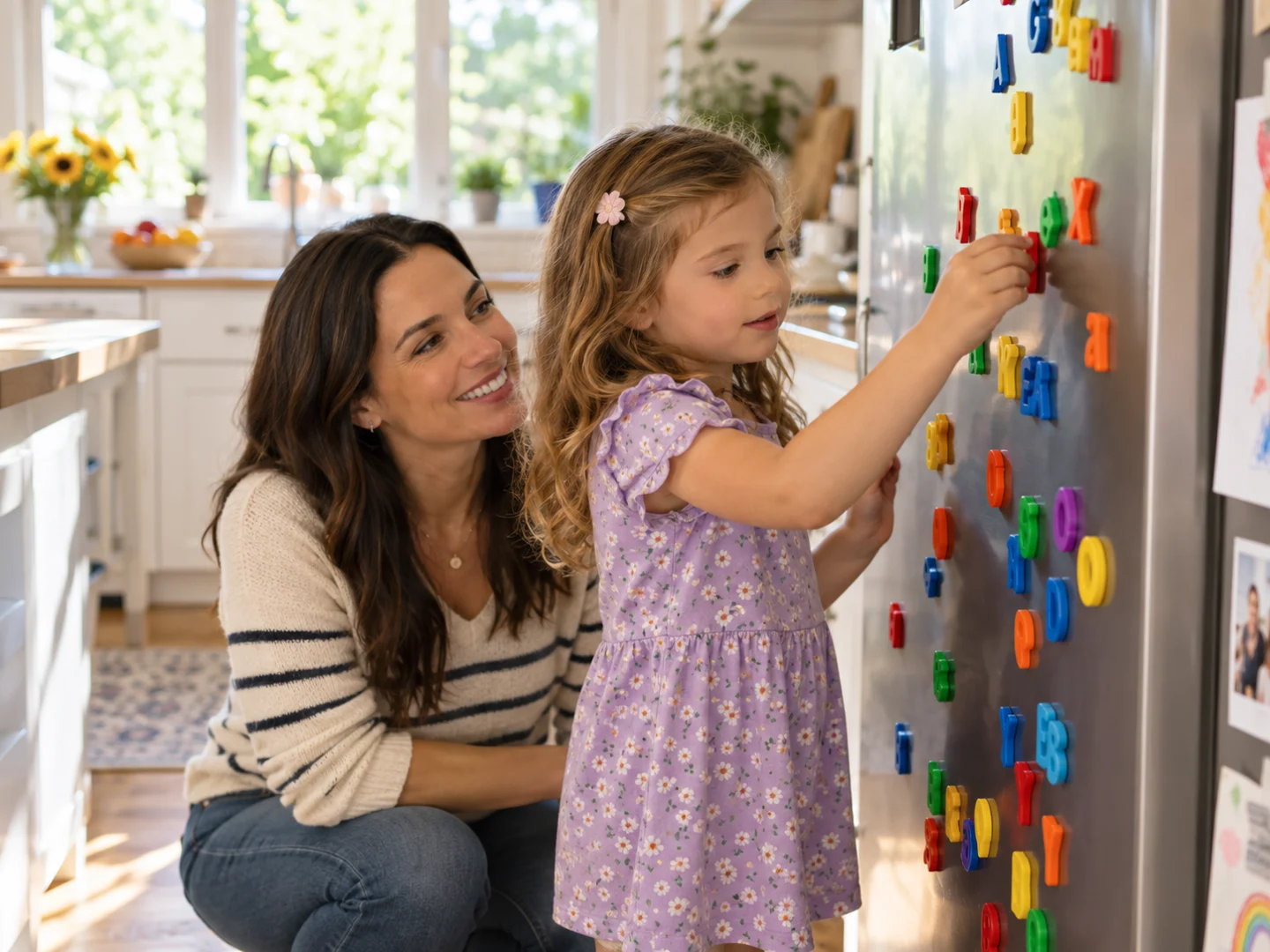 An adult and child exploring magnetic letters on a refrigerator