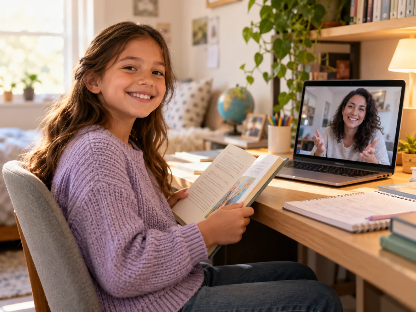 A child with a book beside a laptop showing an online instructor