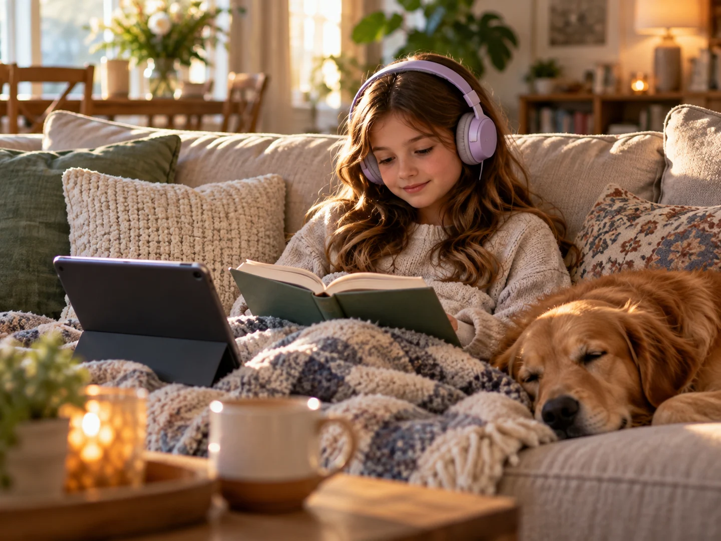 A child reading with headphones and a tablet nearby
