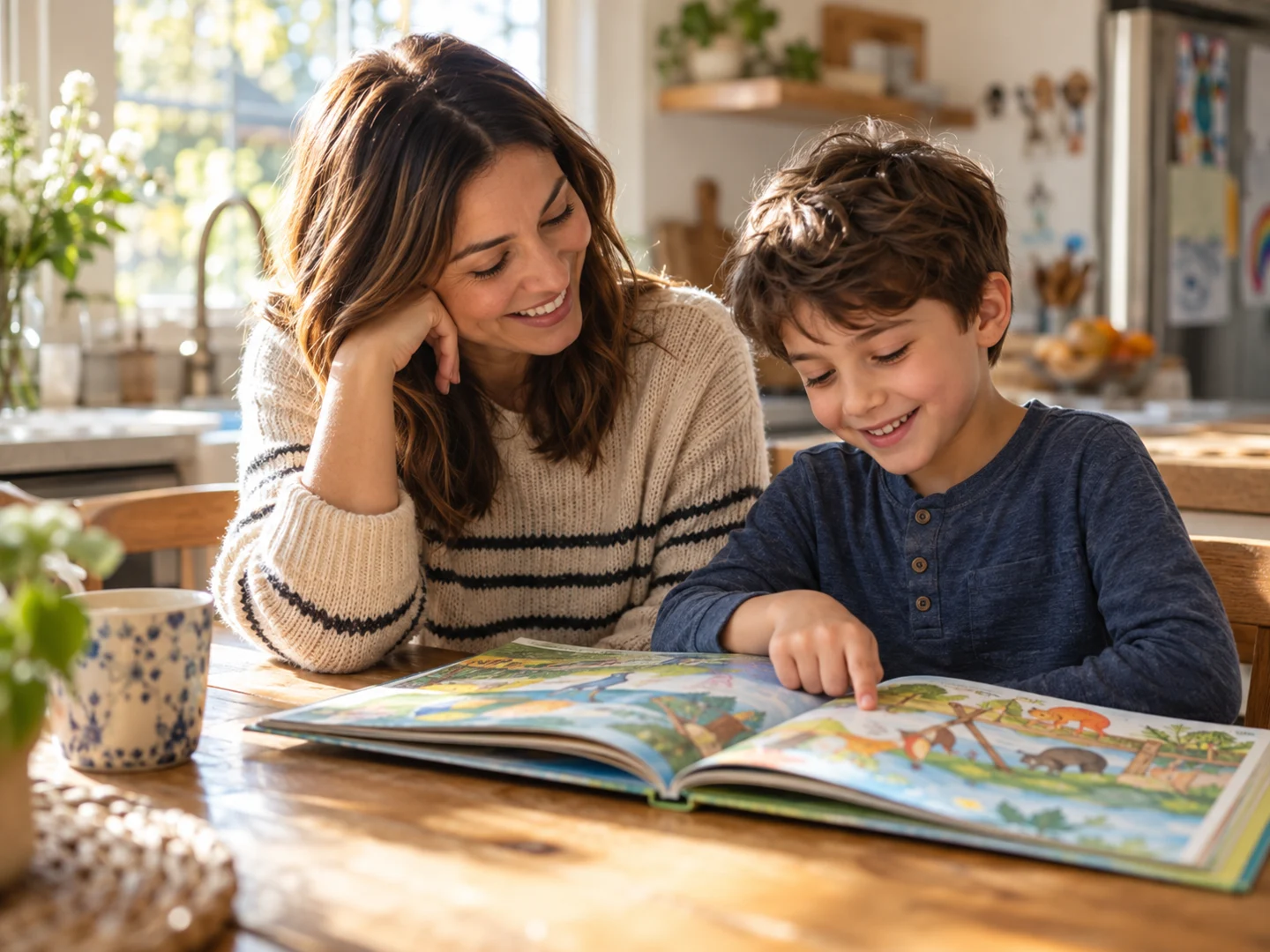 An adult and child reading a picture book together at a kitchen table
