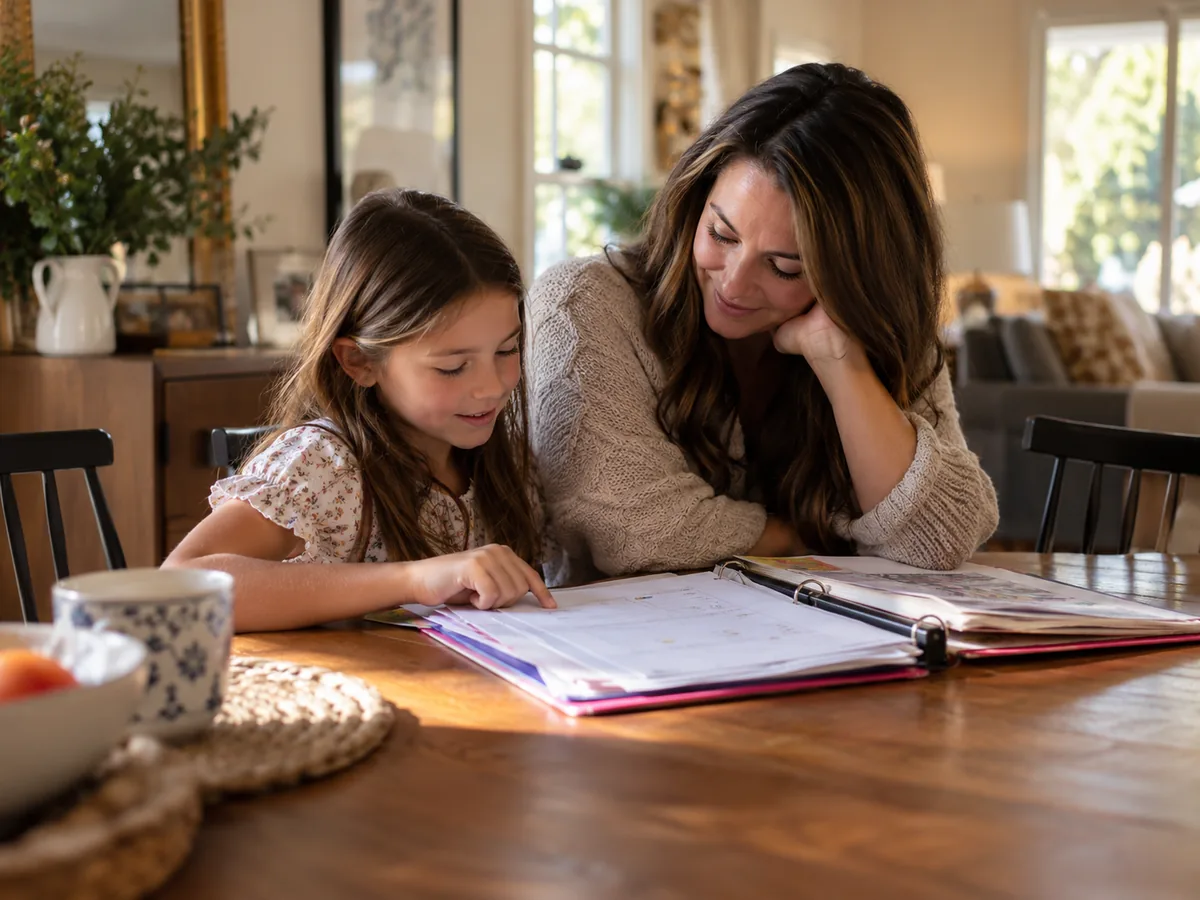 Adult and child looking at an open binder together at a wooden table.
