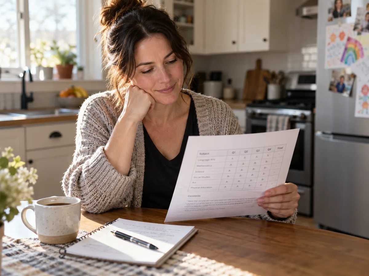 Parent reviewing a report card at a kitchen table with a notebook nearby.