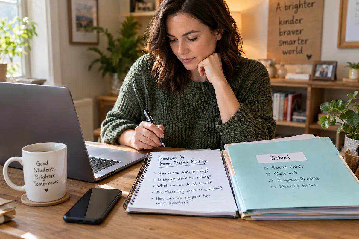 Adult writing notes beside a laptop and a school binder at a table.