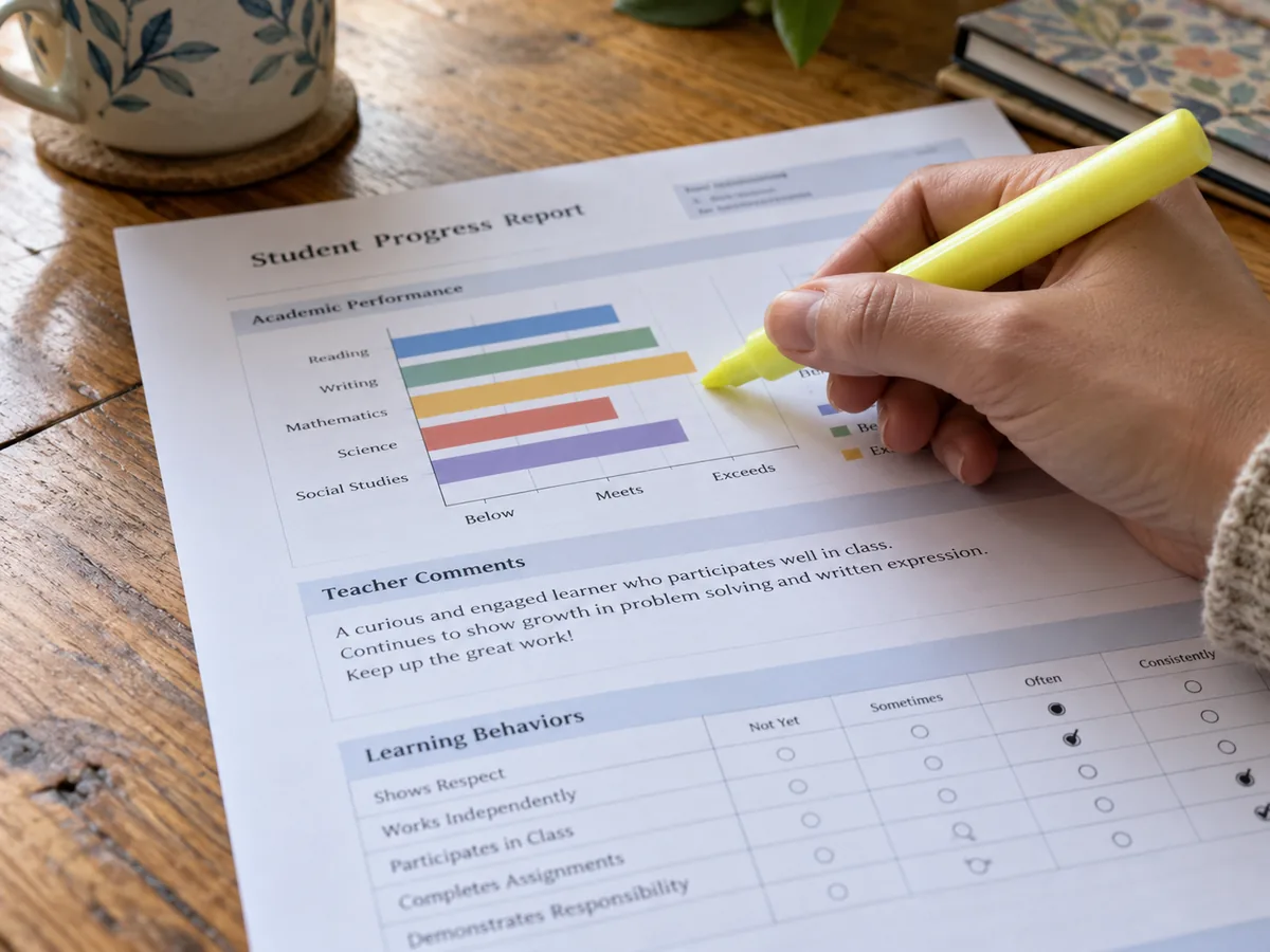 Hand holding a yellow highlighter over a student progress report with a colorful bar chart.