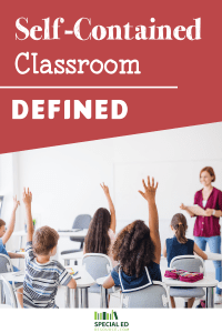Students raise their hands in a self-contained classroom with their teacher asking a question.