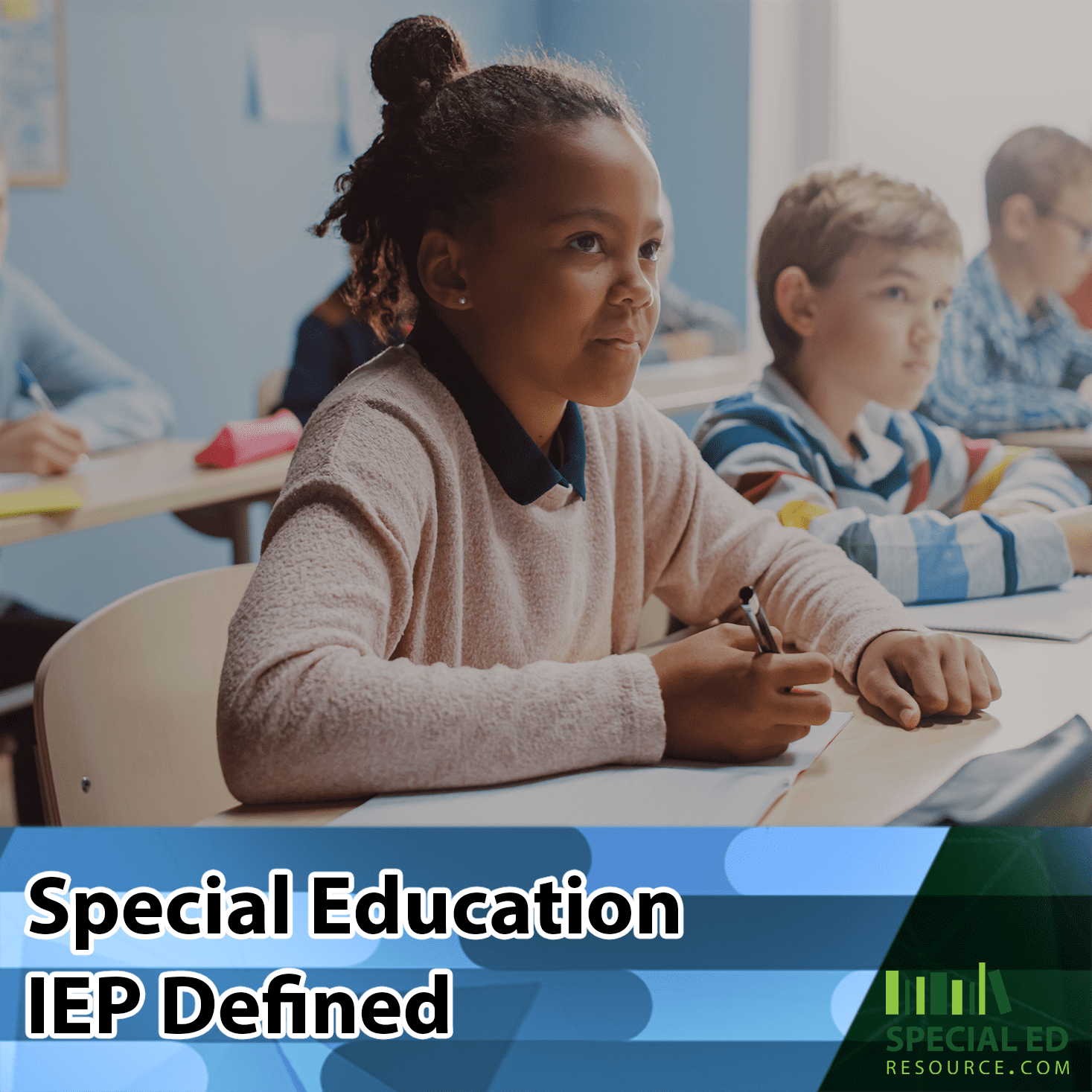 Children with an IEP sitting at their desks in a special education classroom.