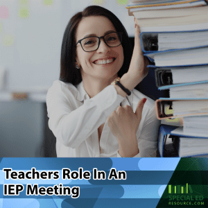 A teacher with a stack of binders on her desk which is just one part of the teachers role in an IEP.